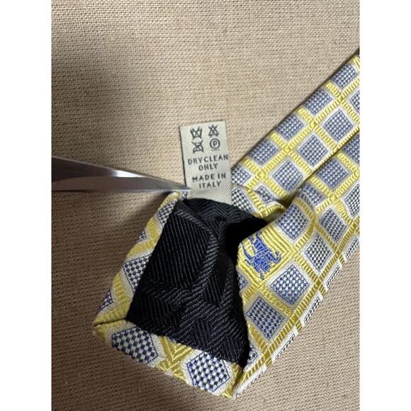 Burberry Tie Mens One Size Yellow Blue Check Equestrian Knight Silk Italy - Picture 10 of 11